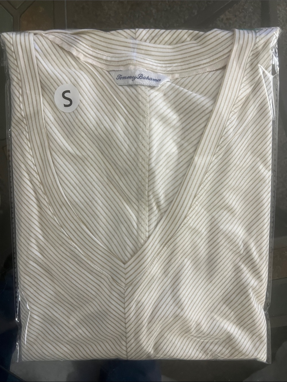 Tommy Bahama Cream and Ivory V-Neck Short Sleeve Top - Picture 3 of 9